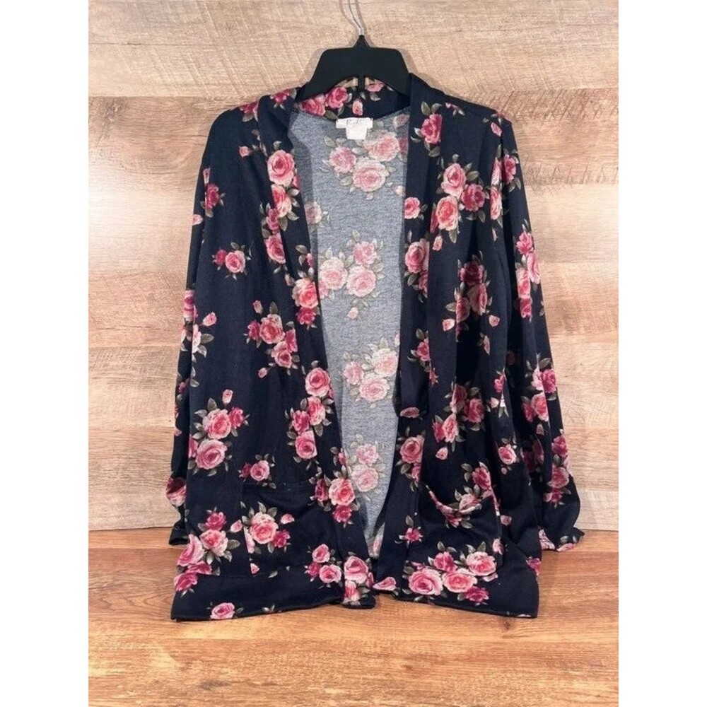 Navy Blue/Black Flower Print Cardigan Sweater